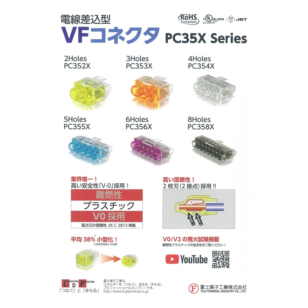 冨士端子工業　電線差込型VFコネクタ PC352X (60個入り) 差込線数2