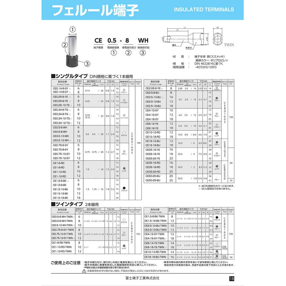 冨士端子工業　フェルール端子　CE10-18-RD（100個入り）